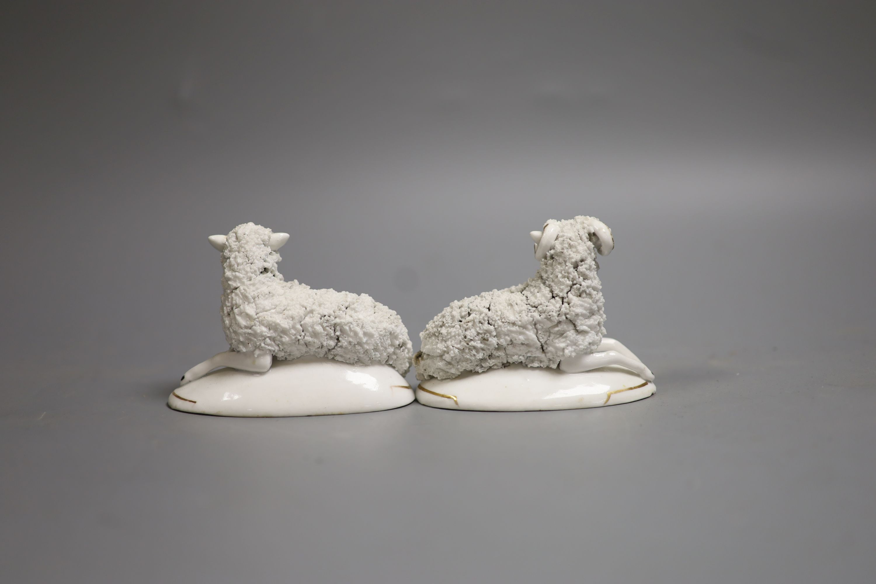 A pair of Staffordshire porcelain models of a recumbent ram and ewe, c.1830-50, 9.6 cm - 9.9 cm long